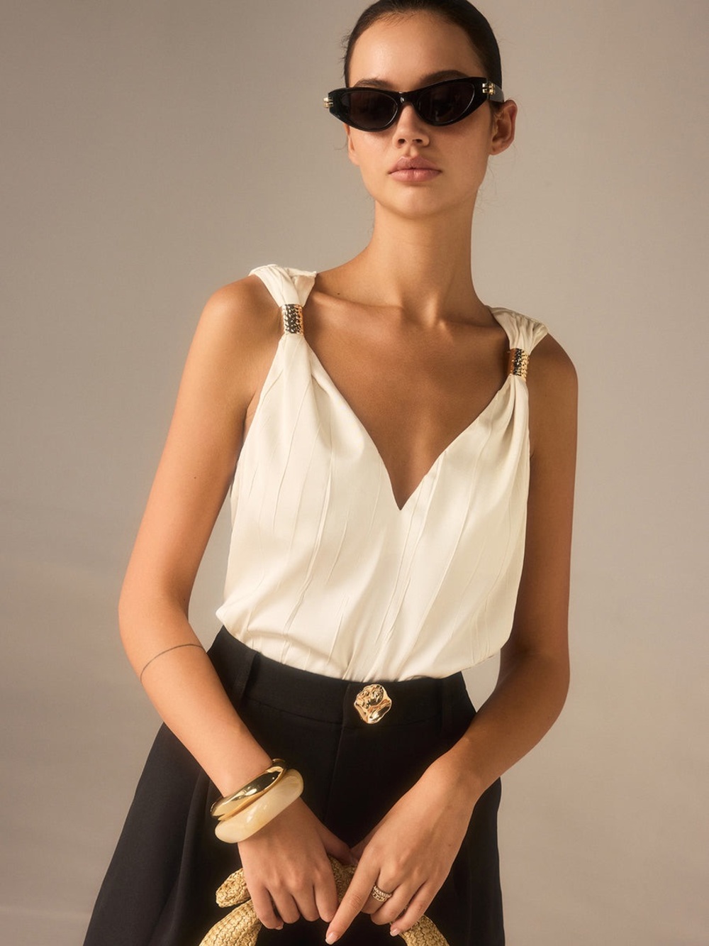 Commense Satin Twist-Strap V-Neck Top with Metal Detail - Picture 2 of 6